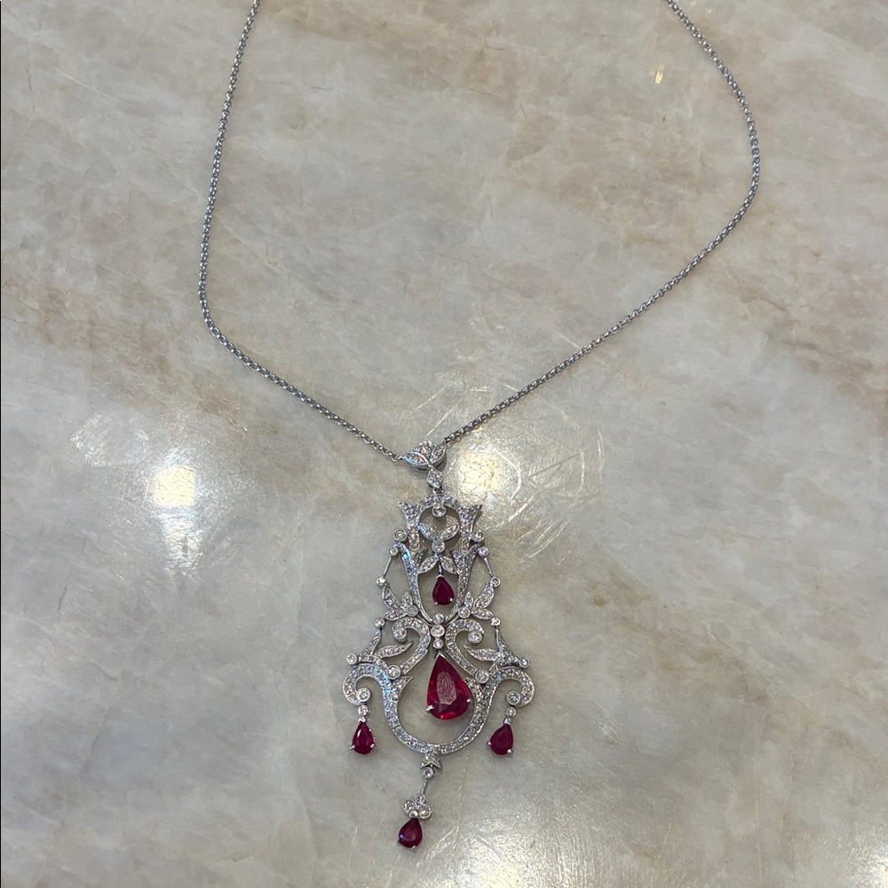 Elegant White Gold and Ruby Teardrop Pendant Necklace